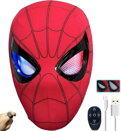 DCKENGO Spider Hero Mask with Moving Eyes Full Face Chin Control Eyes Realistic Spider-Man Mask Costume for Cosplay (Red with Remote)