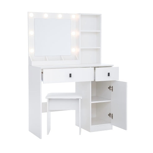 Vanity, Makeup Vanity Desk Set With Mirror  Light, Dressing Table Storage Lots With Power Strip, 3 Lighting Modes With Adjustable Brightness, 37 Inches White With Stool